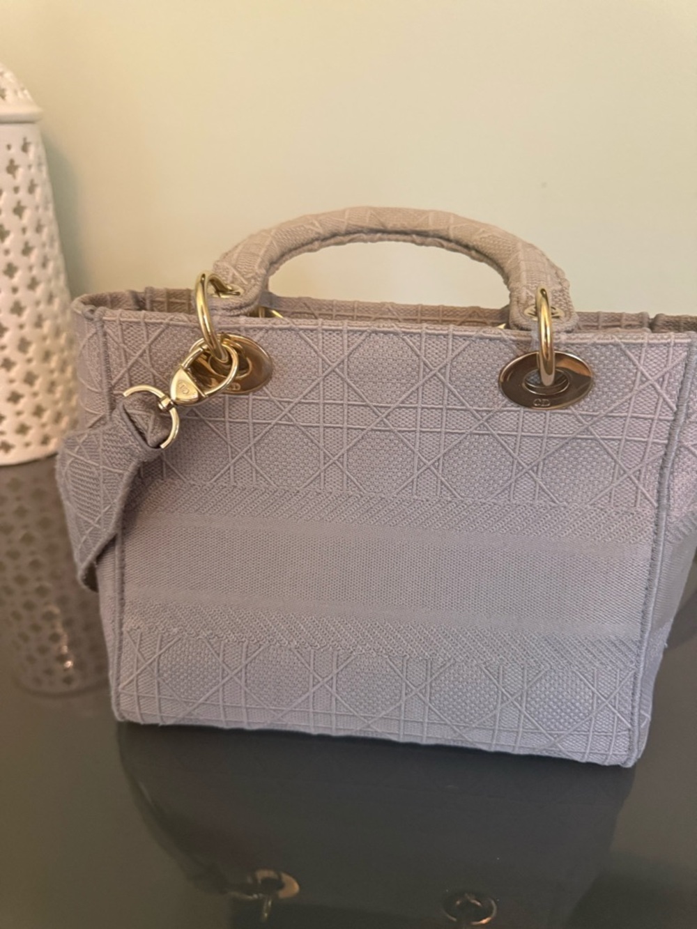 Dior Embroidered Lady Dior Tote Small in Light Gray - Picture 2 of 9
